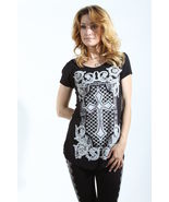 Black &amp; White Knit Tee w/Lacey Cross Design by Vocal  Apparel S, M, L, X... - £26.06 GBP