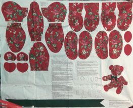 Vtg Cut &amp; Sew Christmas Floral Teddy Bear Fabric Panel Craft Cranston Jointed - $12.87