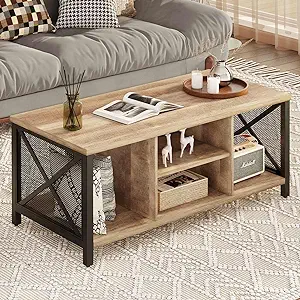 Coffee Table For Living Room, Rustic Wood Center Table With Shelves, Far... - $240.99