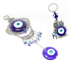 Set Of 2~Turkish Blue Evil Eye Carps Amulet Wall Hanging + Owl Key Ring ... - £21.96 GBP