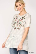 New BluHeaven by UMGEE S M gray striped floral embroidery rayon loose tunic top - £14.05 GBP