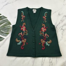 Koret Womens Vintage 90s Sweater Vest Size L Green Pink Floral Knit Cottage - $29.69