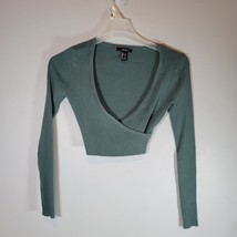 Forever 21 Women Wrap Cropped Sweater V Neck Long Sleeves Dark Green Small - £8.43 GBP