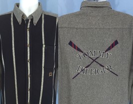 Vtg Tommy Hilfiger Big Paddles Logo Shirt Men L Button Front Blue Gray Flannel - £78.94 GBP