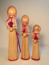 3 STRAW CORN PEG MAIDEN DOLLS BONNETS BASKETS HANDMADE WOOD FOLK ART  - $11.07 CAD