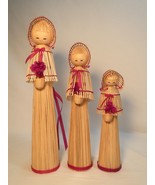 3 STRAW CORN PEG MAIDEN DOLLS BONNETS BASKETS HANDMADE WOOD FOLK ART  - $11.20 CAD