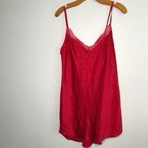 Victorias Secret Slip M Red Satin Chemise Lace Trim V Neck Night Gown Mini - $13.89