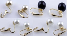 1 Pair Goldtone Clip On Faux Pearl Round Stud Earrings White,Cream White,Black - £4.81 GBP