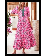 Pink Allover Floral Print V Neck Tiered Maxi Dress - €34,88 EUR