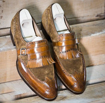 Premium Leather Tan Brown Single Buckle Strap Monk Apron Toe Men Stylish... - £117.84 GBP+
