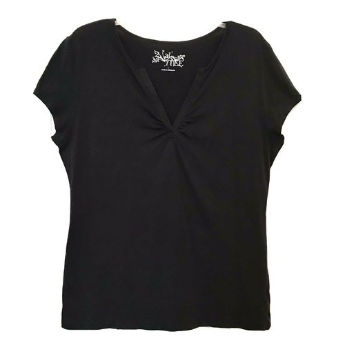 2 A Tee Womens Large Ruched Split Neck Black Short Sleeve Cotton T Shirt... - $12.95