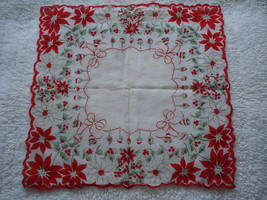 Vintage Cotton Christmas Handkerchief Scalloped Edges Poinsettias &amp; Snow... - $10.00