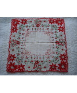 Vintage Cotton Christmas Handkerchief Scalloped Edges Poinsettias &amp; Snow... - $190.39 MXN