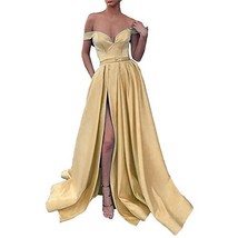 Kivary Off The Shoulder High Slit Long Evening Prom Dress with Pockets Champagne - £76.75 GBP