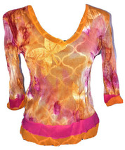 Quinze Heures Trente Pink Orange Floral Mesh 3/4 Sleeve Top sz 3 France - £23.47 GBP