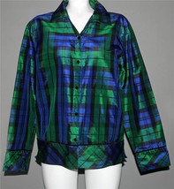 VTG? Neiman Marcus Green Navy Black Plaid Velvet Buttons Piping Silk Blouse Wm L - £34.36 GBP