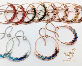 Handmade copper earrings: medium spiral hoops wire wrapped with glass beads - £22.38 GBP
