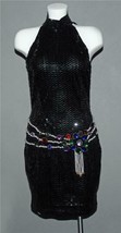 VTG Night Line LRG Sequins Jewels Pearl Belt Halter Low Back Straps Dress Wm&#39;s 8 - £56.12 GBP