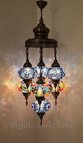 Primary image for 7 Globe Sultan Chandelier Turkish Tiffany Mosaic Lamp Moroccan Hanging Ceiling N