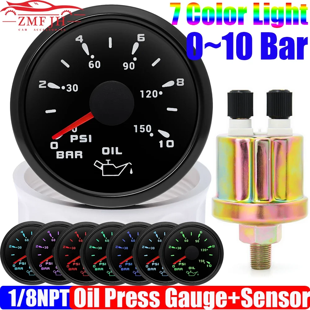 Waterproof IP67 7 Color Light 0~10 Bar Oil Press Meter+Sensor for Auto Car 2&quot; - £12.73 GBP+