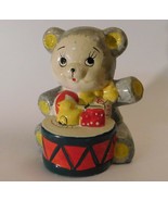 Vintage Ceramic Teddy Bear with Drum Coin Piggy Bank Yellow Green Red - £24.36 GBP