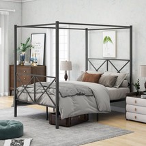 Metal Canopy Bed Frame, Platform Bed Frame with X Shaped Frame Full Black - £135.21 GBP