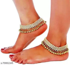 kundan  White Silver Plated Stylish Stylish Anklets Payal Ghungro Pajeb 14 - £14.27 GBP