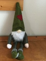Used Green Fabric Stuffed Gnome Doll with Heart Felt Heart &amp; Hands &amp; Fee... - £7.58 GBP
