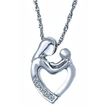 Diamond Mother Child Heart Pendant Necklace 18&quot; 10k White Gold Loving Fa... - £150.91 GBP