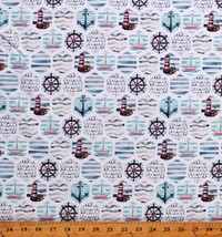 Cotton Maritime Nautical Aqua Beach Ocean White Fabric Print by Yard D580.69 - £10.13 GBP