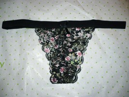 Rue 21 Women&#39;s Thong Panties MEDIUM Black Lace W Pink Flowers Scalloped Edges - £7.75 GBP