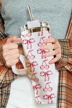 White Cherry Bowknot Stylish Large Tumbler with Handle 40oz - $530.16 MXN