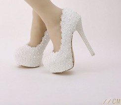 White Wedding Shoes Sweet Flower Lace Pearl Platform Pumps Bride Dress High Heel - £65.37 GBP