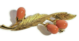 Sarah Coventry Pink Stone Bar Brooch Pin Leaves Bud Gold-Tone Metal 3&quot; - £20.03 GBP