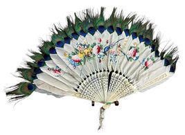 Antique Chinese Fan Painted Feathers Floral Birds Pattern - $49.49