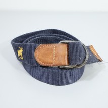 Vintage Embroidered Moose Belt Men&#39;s L Double D Ring Blue Gold Brown Leather - £29.51 GBP