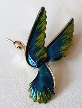 GERRY&#39;S Flying Bird Pin Brooch Gold Tone Setting Blue Green Enamel Vintage 1960s - £12.56 GBP