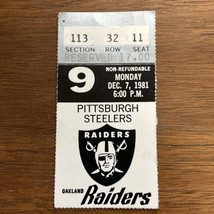 December 7, 1981 Raiders Vs. Pittsburgh Steelers Monday Night Football Ticket - £15.75 GBP