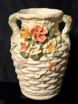 Vintage 7.75&quot; Ceramic Basketweave Vase Jug With Applied Flowers - Unknow... - $16.48