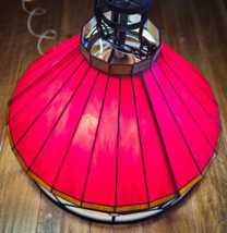 Red Stained Glass Hanging Ceiling Light Fixture Lamp 21”X17” Vintage Heavy - £87.04 GBP