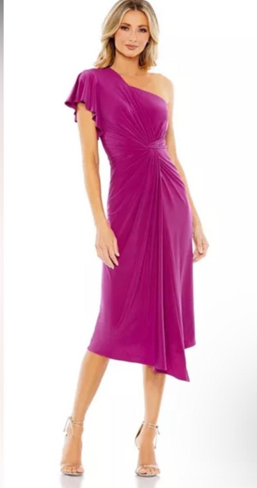 Primary image for Mac Duggal Women's Magenta One Shoulder Midi Jersey Dress Lined Cap Sleeve 2