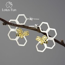 New Honeycomb and Bee Hanging Hoop Earrings for Women Real 925 Sterling Silver O - £30.92 GBP