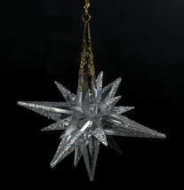 Starburst Christmas Ornament Clear Acrylic Gold Trim Silver Glitter 4.5&quot; Tall - £7.91 GBP