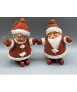 Vtg Commodore Santa &amp; Mrs Claus On Skis Flocked Figure Ornaments - $26.03