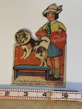 Vintage Valentine Greeting Card Girl with Dog show First Prize Mechanical - $32.73