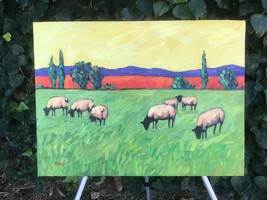 Patty Baker Original Grazing Sheep Modern Abstract Landscape Signed Oil &amp; Canvas - £944.29 GBP