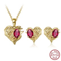 Genuine Natural Garnet Heart Necklace/Earrings/Ring Set Gold Plated Real 925 Ste - £56.55 GBP