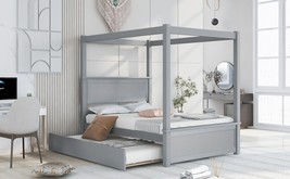 Wood Canopy Bed With Trundle Bed ,Full Size Canopy Platform Bed - Brushed Gray - £342.95 GBP