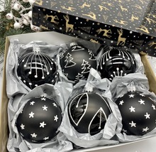 Set of 6 black Christmas glass balls, hand painted ornaments with gifted... - £55.70 GBP