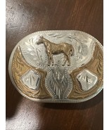 Vintage Western Flair Handmade Engraved Horse Belt Buckle Nickel silver - $20.29